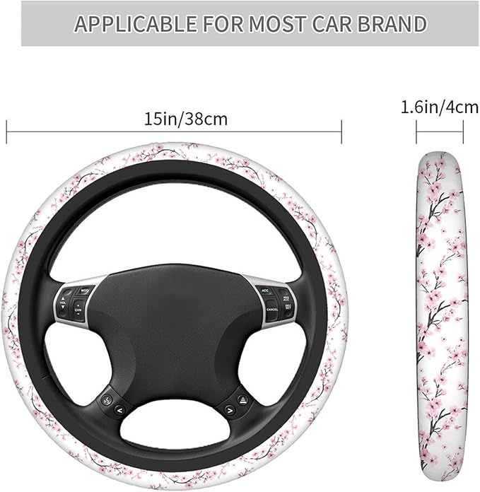 Swono Steering Wheel Cover for Men Women Watercolor Flower Branch of Cherry Blossom Flower Pink Universal 15 Inch Anti-Slip Odorless Breathable Car Wheel Protector