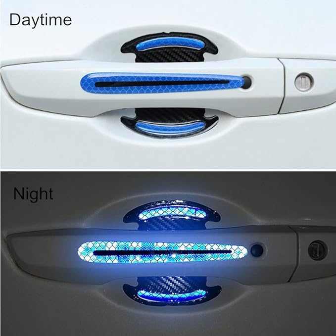 Car Door Handle Protector Reflective Sticker Universal Auto Carbon Fiber Door Handle Anti Scratch Cover Guard 8PCS Blue