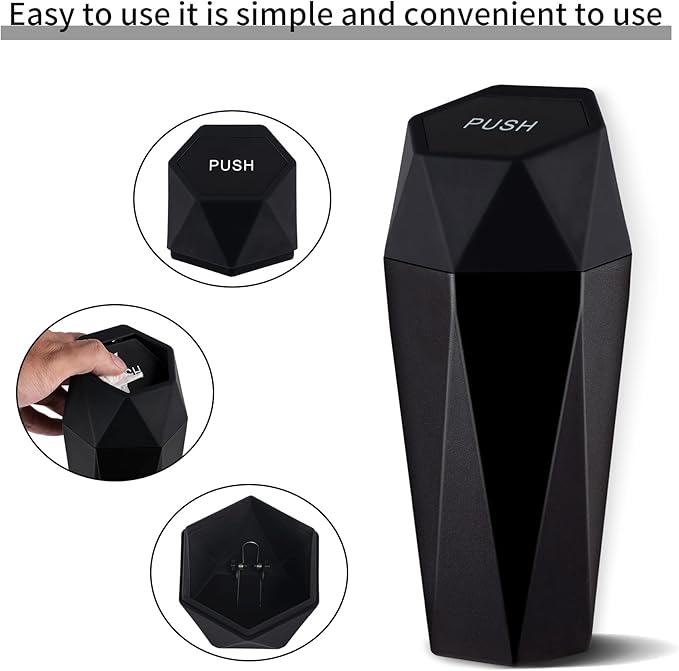 JUSTTOP Car Trash Can with Lid, Diamond Design Small Automatic Portable Trash Can, Easy to Clean, Used in Car Home Office (Black)