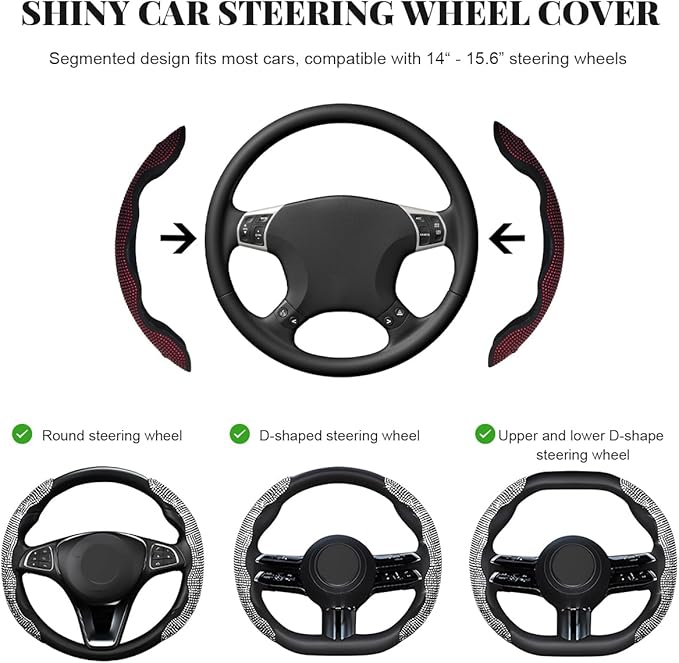2 PCS Steering Wheel Cover, Segmented Car Wheel Covers with Crystal Rhinestones, Non-Slip Protector Bling Sparkly Decoration for Most Steering Wheels, Car Accessories (Red)