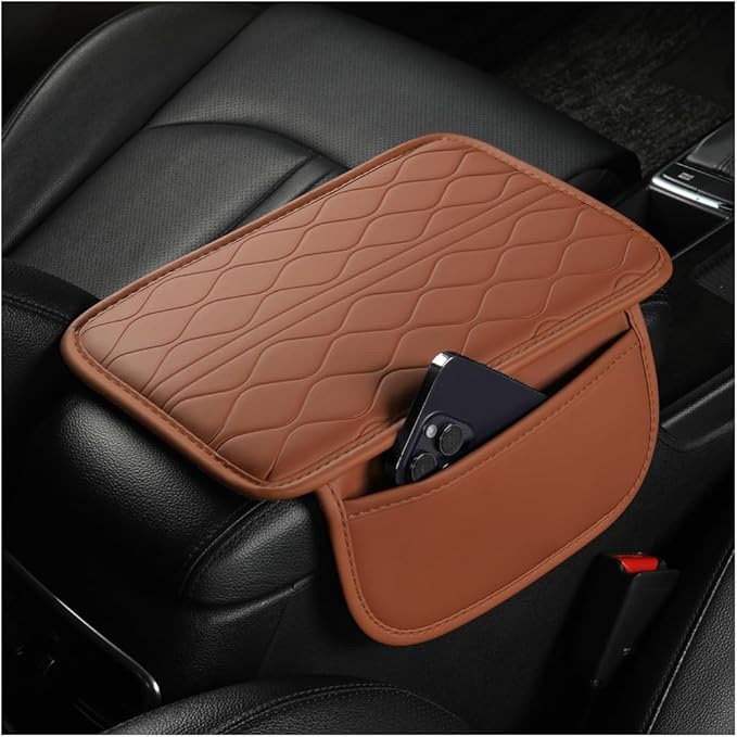 Car Center Console Cover, Leather Vehicle Armrest Seat Box Pad Cushion with 2 Storage Bags, Automotive Interior Arm Rest Protector Accessories, Universal for SUV, Sedan, Truck (Brown)