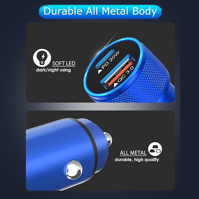 iPhone Car Charger, 2Pack Blue Apple Fast Car Charger iPhone [Apple MFi Certified] Dual Port PD&QC 3.0 Cigarette Lighter iPhoneCar Charging Adapter Lightning Cable for iPhone14/13/12/Pro Max/AirPods