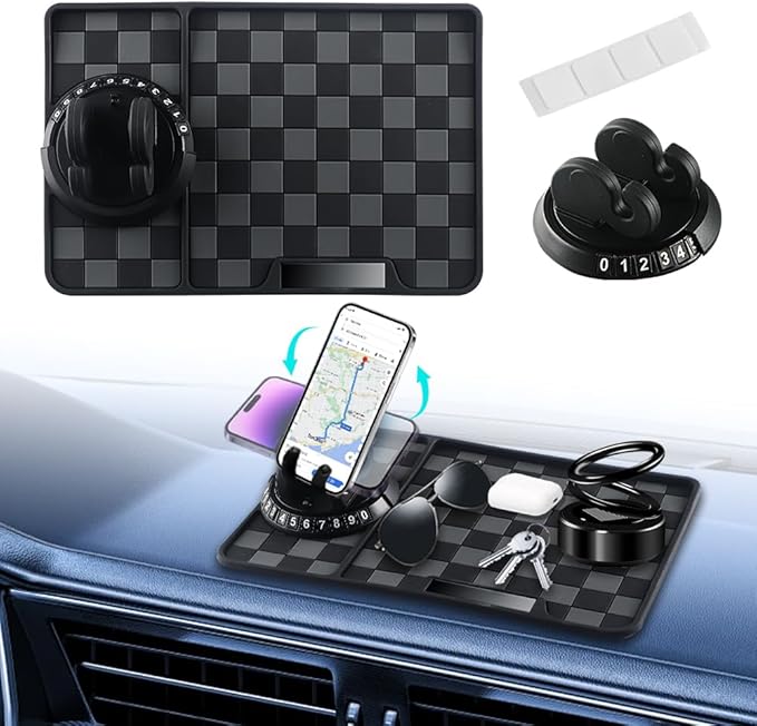 NHHEO Car Anti Slip Mat Dashboard Tray Decorations Sticky Pad Thicken Washable with 360° Rotating Universal Phone Pad Holder+Number Plate for GPS Aromatherapy Sunglasses Key(Black&Gray)