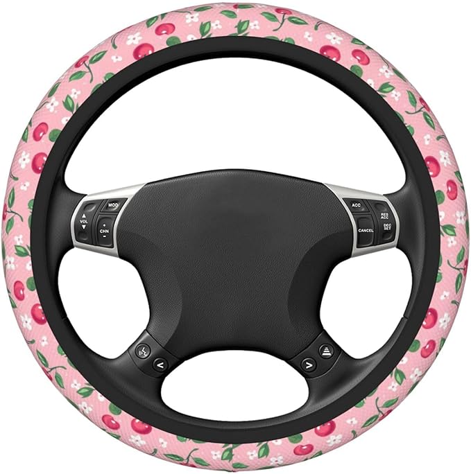 Cherries White Flowers Steering Wheel Cover for Women Men Girls, Car Accessories Decor Thickened Anti-Slip Auto Steering Wheel Covers Protector Universal Fit 15 Inch for Cars, Truck, SUV