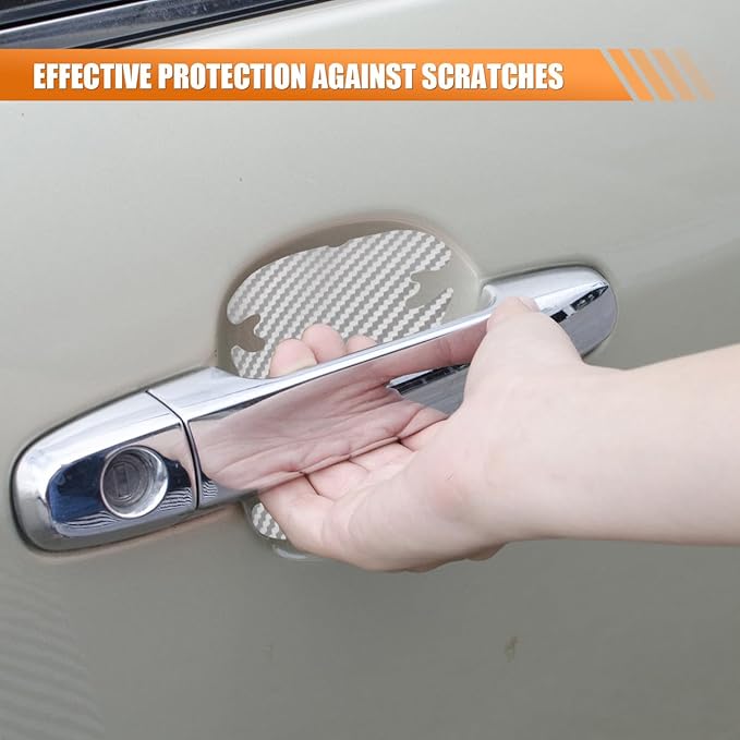 4PCS Car Door Handle Cup Scratch Protector, 3D Carbon Fiber Door Bowl Sticker, Car Paint Protective Film, Universal Automotive Doors Handle Guard Pad for Most Cars (Silver)