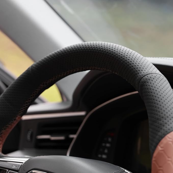 MEWANT Hand Stitch Steering Wheel Cover for Audi A6 2019-2022 A6 Allroad 2020-2022 A7 2019-2022 RS 6 Avant 2021-2022 RS 7 2021-2022 S6 2020-2022 Black Brown Real Leather DIY Interior Accessories