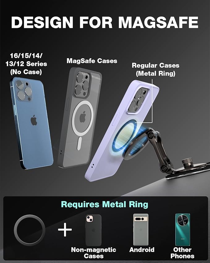 Smolink Tesla Phone Mount, All Metal Strong Magnet Magnetic Phone Holder for Car Dashborad and Tesla Model 3/Y/S/X, Foldable Hidden for MagSafe Car Mount Fit for iPhone All Phones, Grey