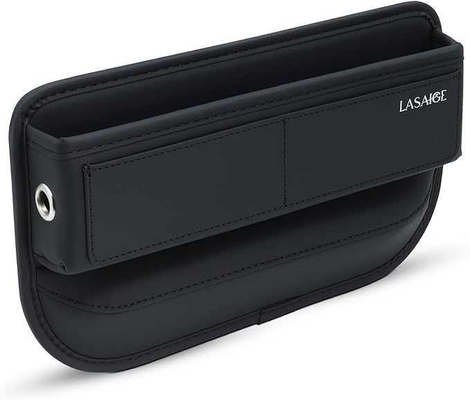 Car Seat Gap Filler Organizer (Black) -Soft PU Leather Car Seat Gap Filler Organizer - Gap Filler For Car w/Pockets & Large Compartment - Slip-Resistant Between Seat and Center Console