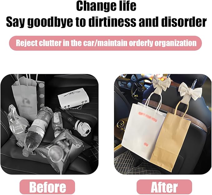Car Headrest Hooks, 2PCS Cute Bow Vehicle Back Seat Hanger for Purses Bags, Automotive Interior Backseat Storage Hanging Organizer Decor Accessories, Universal for SUV, Sedan, Truck (Black)