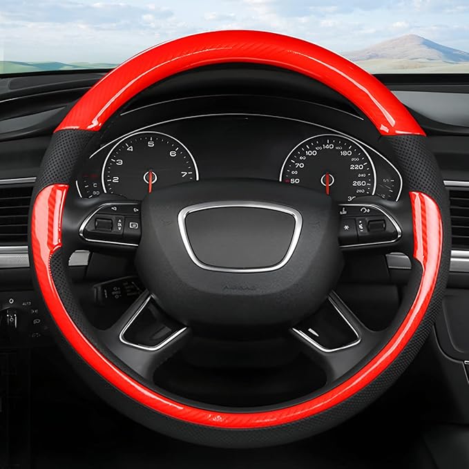 Universal Steering Wheel Cover - Microfiber Leather, 15 Inch, Anti-Slip, Breathable, Odorless Car Steering Wheel Protector, SUV Accessories (Bright Black/Red)