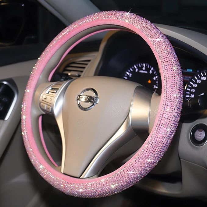 Pink Bling Steering Wheel Cover for Women Sparkly Rhinestone Bedazzled Car Accessories Diamond Cute