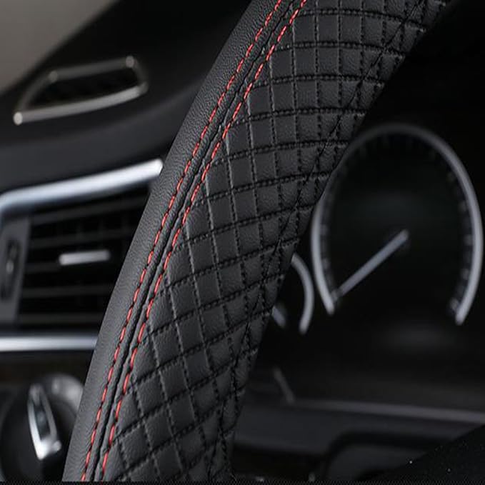 SHIAWASENA Car Steering Wheel Cover, Leather, Universal 15 Inch Fit, Anti-Slip & Odor-Free (Black&Beige)