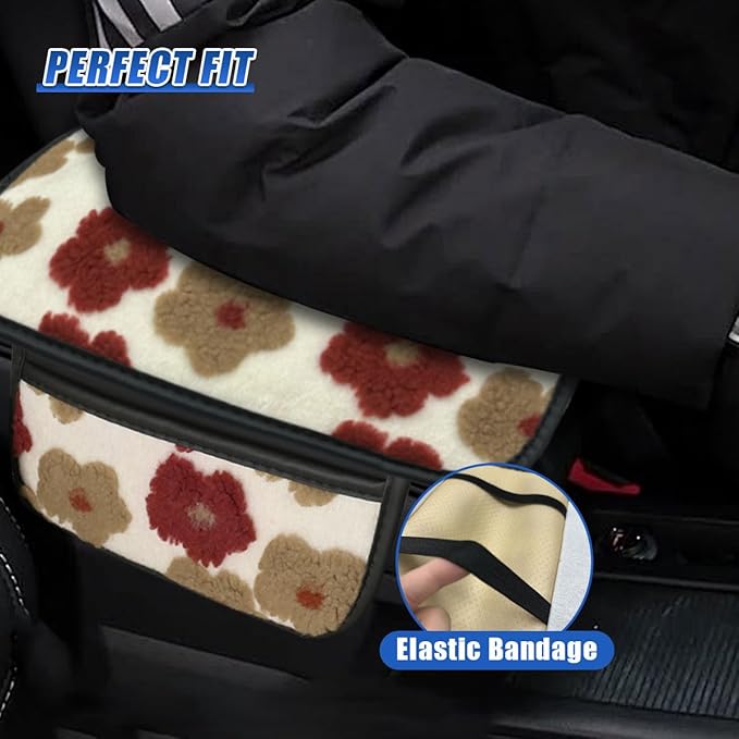 Car Center Console Cover, Soft Fluffy Car Armrest Seat Box Cushion Pad with 2 Storage Bags, Universal Vehicle Interior Protector Accessories for Most Sedans, SUVs, Trucks (Red)