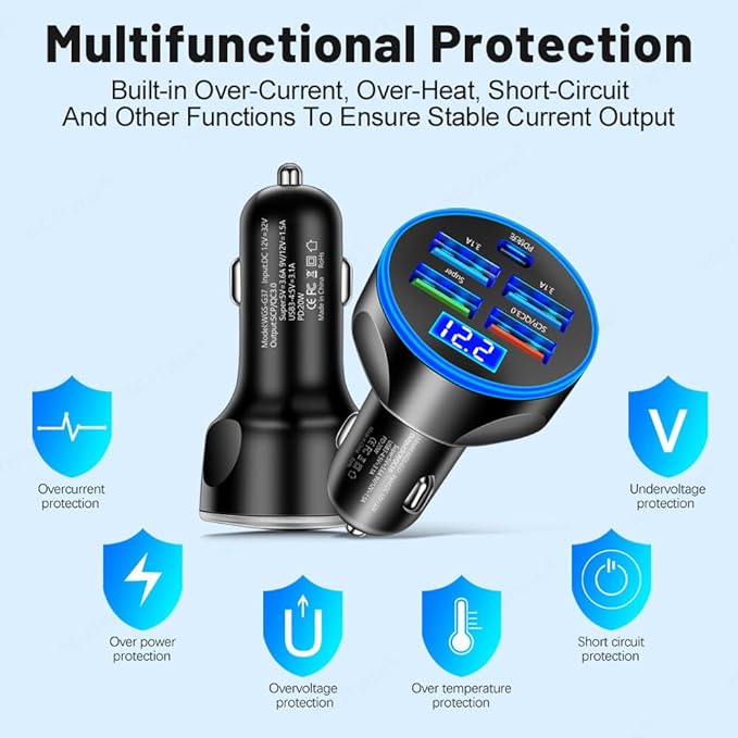 5-in-1 Multi-Port USB C Car Phone Charger with Voltage Display, 250W Super Fast Charge Cigarette Lighter USB Charger for iPhone/Android/Samsung/iPad Pro and More (Black)