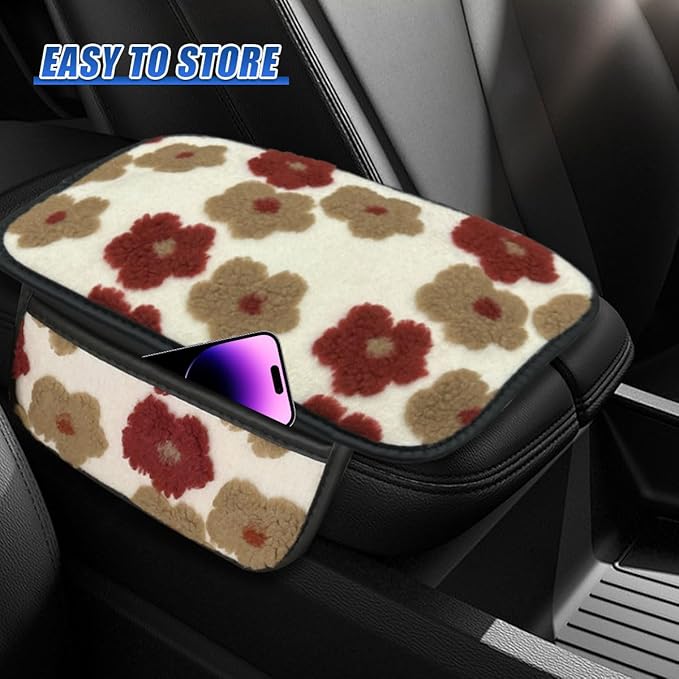 Car Center Console Cover, Soft Fluffy Car Armrest Seat Box Cushion Pad with 2 Storage Bags, Universal Vehicle Interior Protector Accessories for Most Sedans, SUVs, Trucks (Red)