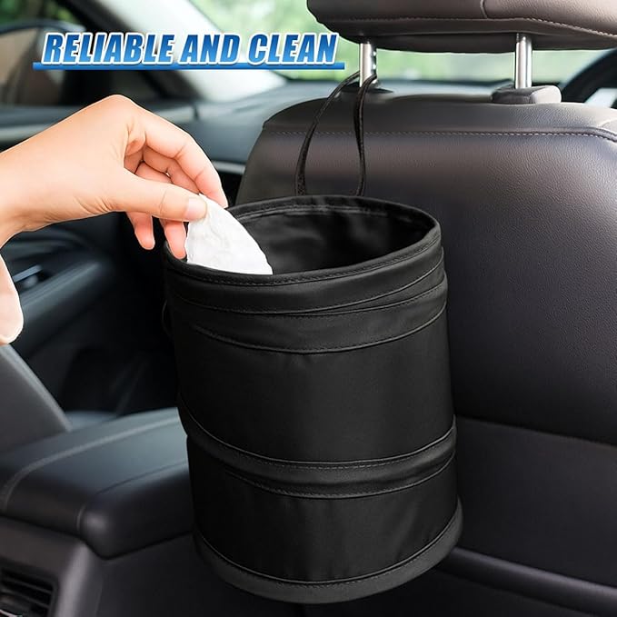 1 Gallon Collapsible Pop-up Car Trash Can - Mini Portable Hanging Garbage Can Car Trash Bin with Attached Hook&Elastic Band - Waterproof Waste Basket Bin Auto Garbage Bag for Cars/Home (1Set)