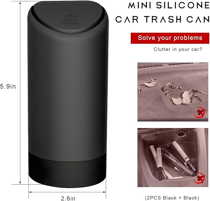 2PCS Mini Car Trash Can with Lid, Portable Silicone Auto Garbage Container for Cup Holder, Multipurpose Trash Bin for Car Home Office, Waterproof Leakproof Small Vehicle Trash Can (Black)