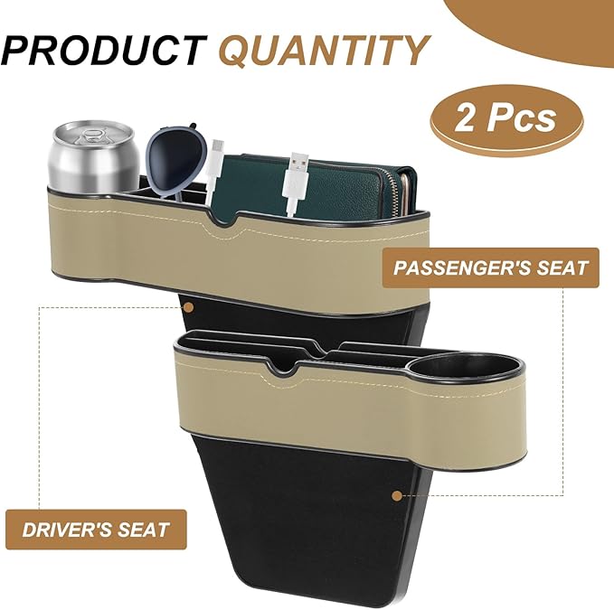HARFINGTON 2pcs Car Seat Gap Filler Organizer 10.6 x 7.1 x 2.8 Inch ABS+Leather Universal Car Organizer Storage Box Between Seat and Console (Left+Right) with Cup Holders for Phone, Beige