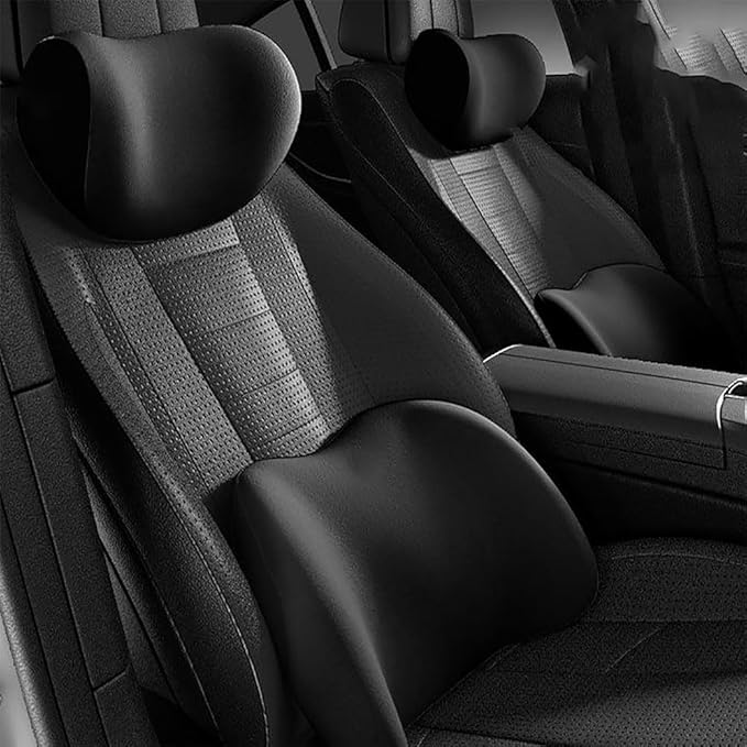 Car Seat Headrest Lumbar Support Kit for Tesla Model 3 2019-2023, Ergonomic Memory Foam Head Neck Pillow Back Cushion Drivers Travel Anti Fatigue,A/Black