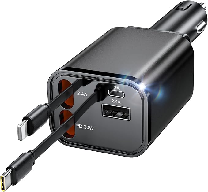 69W Fast Charging USB C Car Charger, 4-in-1 Retractable Phone Charger for iPhone 17, Travel Essentials, Gifts for Women Men, Car Accessories for Women Men, for iPhone 17 16 15 14 13, Galaxy, Pixel