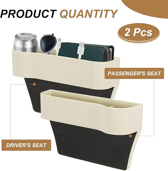 HARFINGTON Car Seat Gap Filler Organizer 10.2 x 6.5 x 2.4 Inch ABS Universal Car Organizer Storage Box Between Seat and Console (Left) with Cup Holders for Phone Sunglasses Keys, Beige