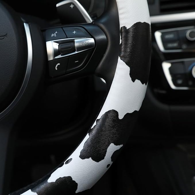 Cow Print Steering Wheel Cover, Universal 15 inch Breathable Microfiber Leather Car Steering Wheel Cover for Women Men, Anti-Slip, Black&White