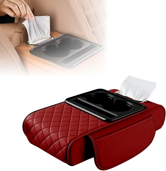 Multifunctional Car Armrest Cushion with Integrated Booster, 2026 Upgraded Universal Style Memory Cotton Car Armrest Box Pad, Car Center Console Armrest Pillow, with 2 Cup Holder (Red)