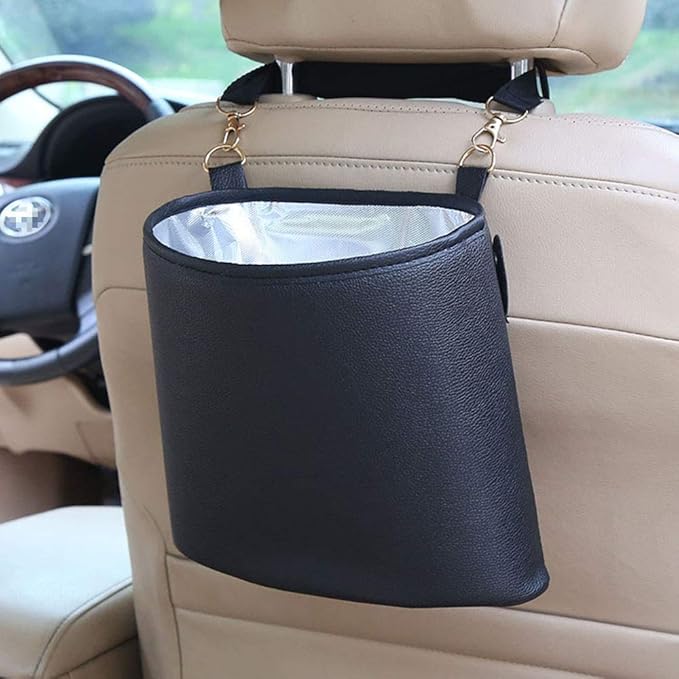 HerMia Hanging Car Trash Can Bin, Garbage Can PU Leather, Waterproof Litter Auto Trash Can for Travelling, Outdoor, and Vehicle (Black)
