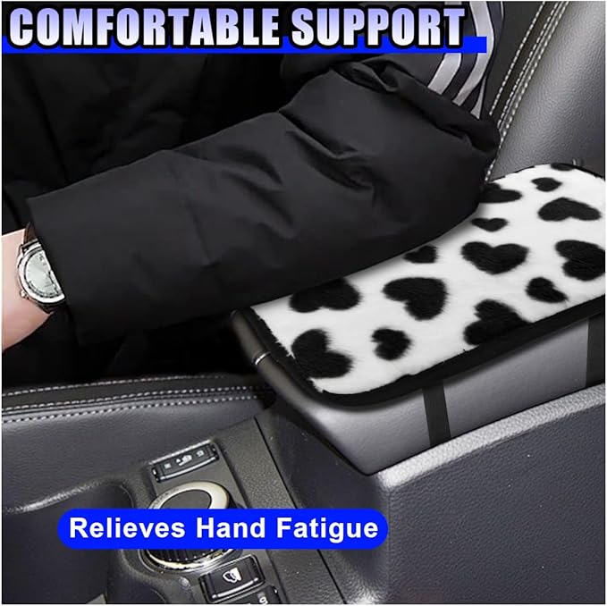 Furry Cow Print Armrest Cover for Car, Soft Plush Center Console Cushion Pad, Car Arm Rest Box Protector for Women Men, Universal Auto Decorative Accessories for Cars Trucks SUVs(Heart)