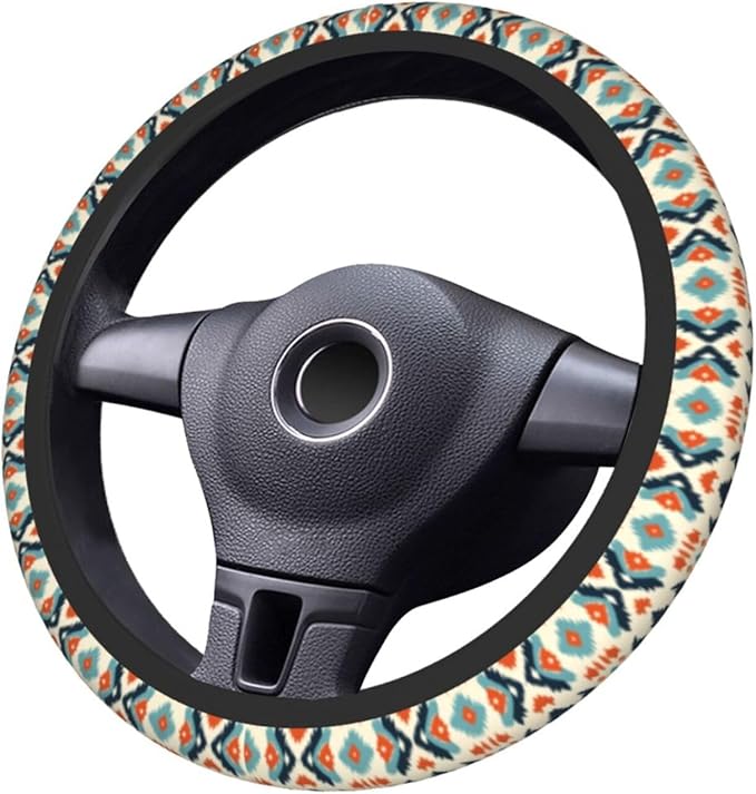 Aztec Steering Wheel Cover with 2 Car Coasters Non Slip Neoprene for Women Men Universal 15 Inch