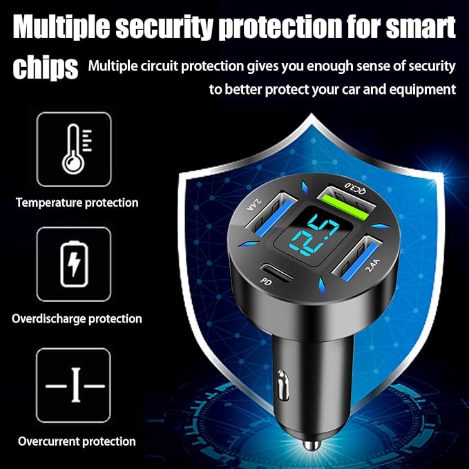 4 Ports USB Car Charger, 66W Super Fast Charging with QC 3.0, PD 20W and USB 2.4A Charger Adapter, Quick Charge with LED Voltmeter, Auto Cigarette Lighter Plug (PD20W+QC3.0+2.4A, 1PCS)