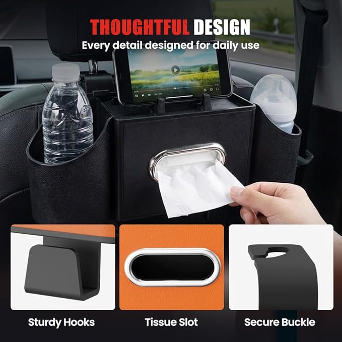 4-In-1 Car Organizer Back Seat, 2026 New Multifunctional Organizer, Portable Car Cup Holder for Road Trips, Durable Car Trash Bin for Families, Universal Car Seat Organizer (Orange)