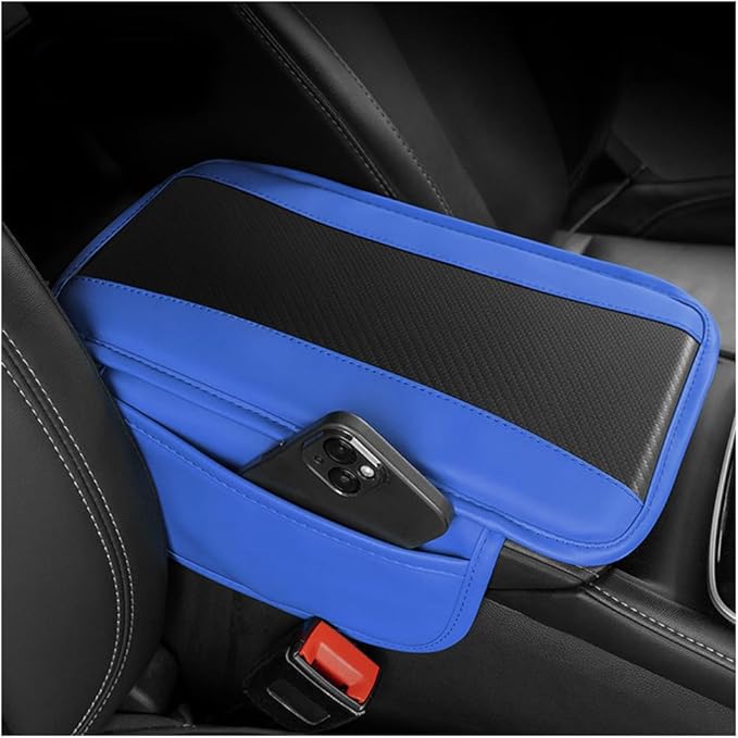 Mandark Car Center Console Cover with 2 Storage Bags, Auto Interior Arm Rest Storage Box Pad Accessories, Carbon Fiber Leather Vehicle Armrest Cushion, Universal for SUV, Truck, RV (Blue)