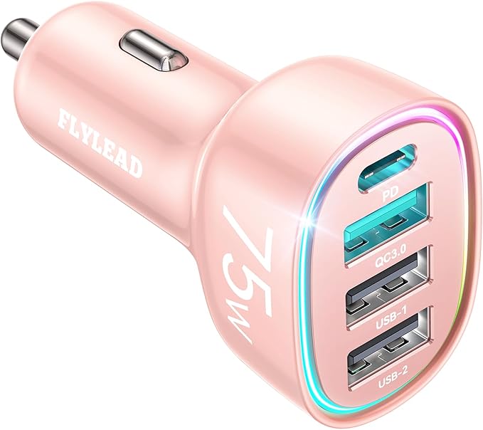 USB C Car Charger Cigarette Lighter Adapter 75W 4-Port Fast Car Charger Fast Charging Compatible with iPhone17/16/15/14/13 Series- Pink