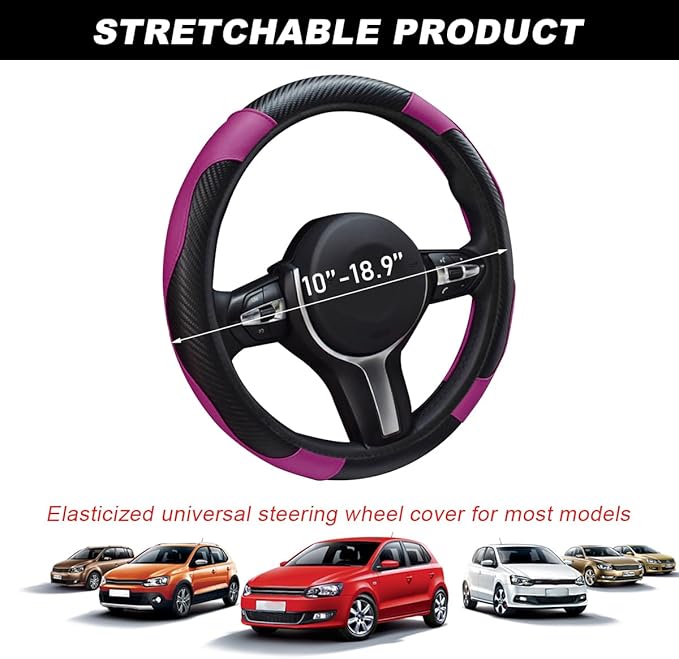 Car Steering Wheel Cover, 15 Inch Carbon Fiber Leather Stitching Color Steering Wheel Protector, Anti-Slip Elastic Breathable Steering Wheel Cover Stylish Decor for Most Cars (Black&Purple)