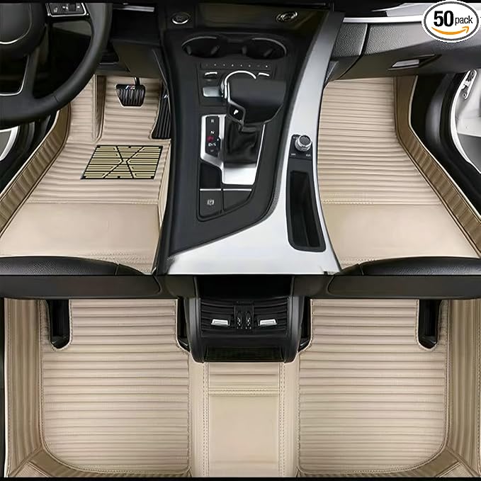 Custom Personalized Floor Mats for Cars，Luxury Full Coverage All Car Floor Mats，Anti-Slip Leather Car Mat Set ，Custom Floor Mats for 99% of Cars, Trucks & SUVs. (Beige Stripe)