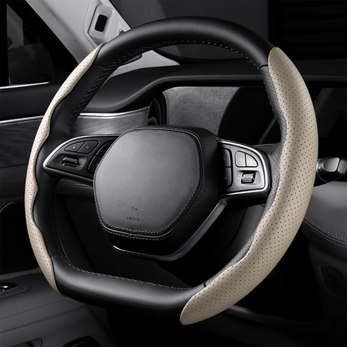 LoyaForba Car Steering Wheel Cover, Universal 15 Inch Leather Segmented Auto Steering Wheel Protector, Anti-Slip and Soft Breathable, Car Interior Accessories for Most Vehicle, SUV, Truck (Beige)