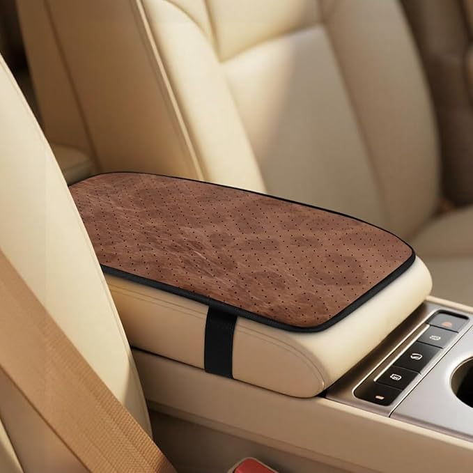 Psesaysky 5 PCS Car Accessories Interior Set for Men Women, Brown Cowhide Front Auto Seats Protectors with Seatbelt Pads, Middle Storage Organizer Pads