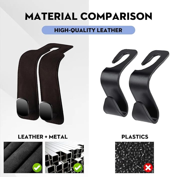 NHHEO Car Purse Hook for Headrest, 2 Pcs Car Seat Back Storage Hook Bendable Leather Universal Vehicle Car Bag Hooks(Black)