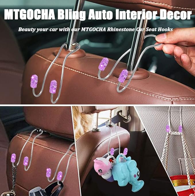 MTGOCHA Car Headrest Hooks Car Purse Hook(2 Pack),Bling Car Bag Hooks, Car Hook for Purses and Bags Cute Metal Car Purse Holder Hook, Bling Car Accessories for Women, Light Purple