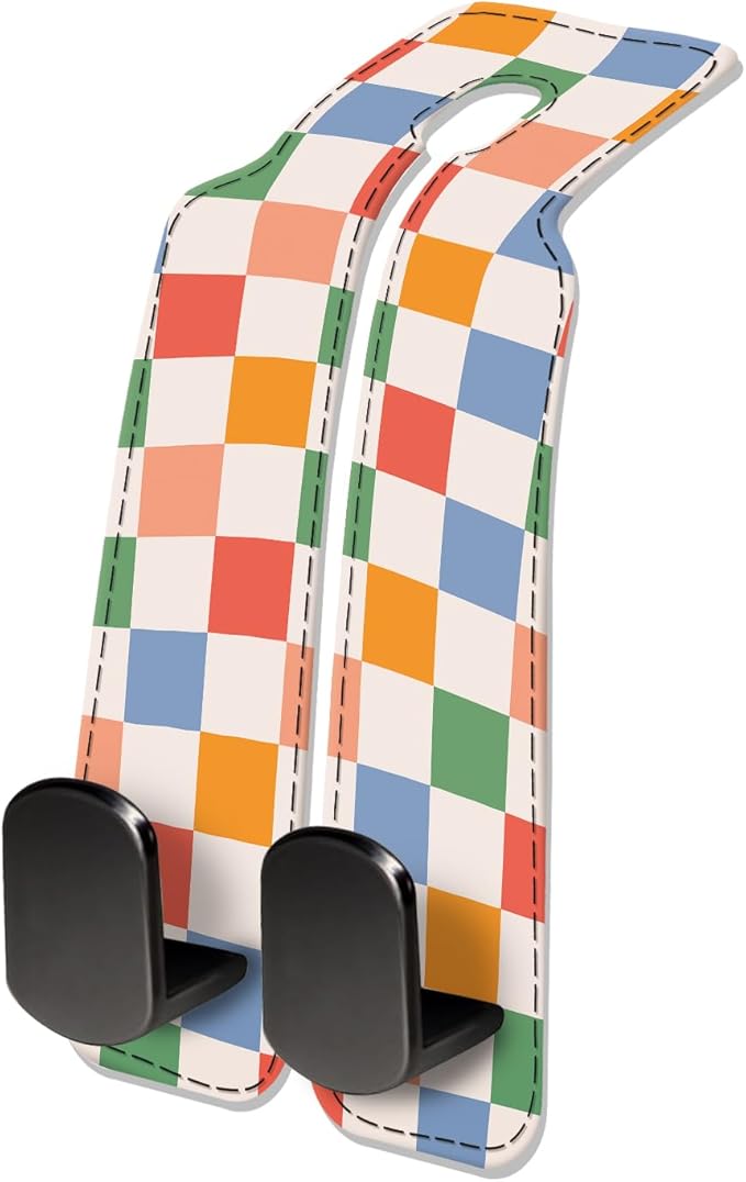 NUGGHU Car Seat Headrest Hook, Universal Leather Cute Hanger Holder Hook, Storage Organizer Interior Accessories for Purse Bags Handbag Colorful Cute Plaid