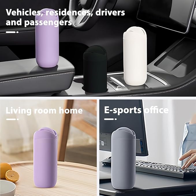 Car Trash Can with Lid, Silicone Leakproof Mini Round Vehicle Garbage Bin for Cup Holder, Portable Automotive Interior Waste Storage & Organizers Accessories, Universal Fit (Beige)