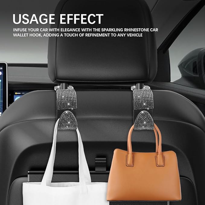 2PCS Car Seat Hooks, Purse Hook for Car, Crystal Rhinestone Vehicle Backseat Purse Holder, Auto Accessories Diamond Auto Seatback Storage Organizer Hanger for Handbag Clothes Purse (White)