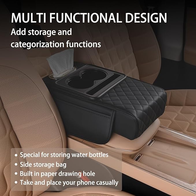 HZEL Car Center Console Cover, Leather Vehicle Armrest Cushion with Storage Bags, Cup Holder ＆ Tissue Box, Waterproof Auto Interior Arm Rest Seat Box Pad, Universal Fit (Black)