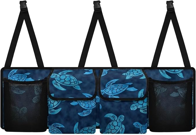 Car Trunk Hanging Organizer, Blue Turtle Thick Backseat Storage Bag with 2 Pockets, 2 Mesh Pockets and 3 Adjustable Shoulder Straps, Foldable Interior Accessories