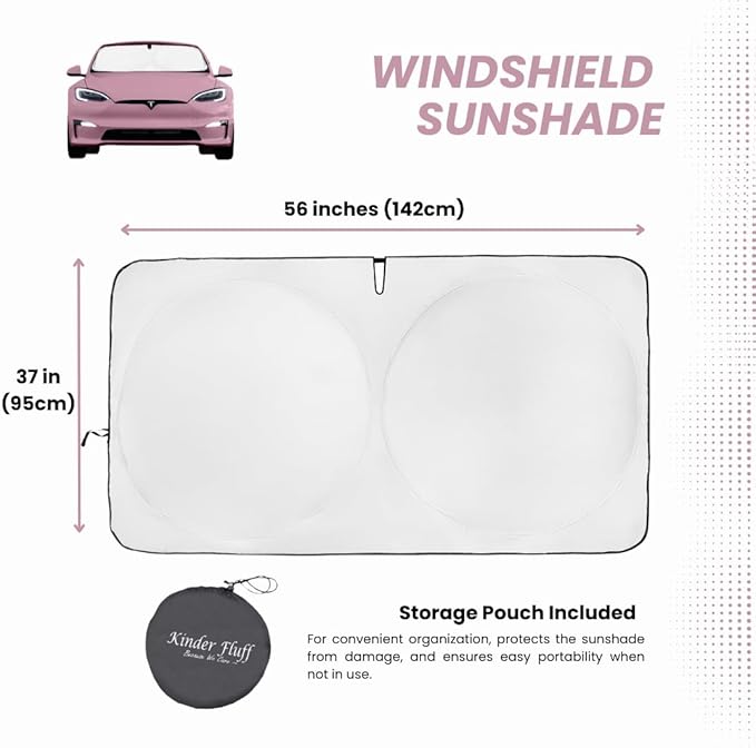 kinder Fluff Windshield Sunshade for Tesla S | Patented Car Sun Protection - Certified 99% UVR Block - Cool Car Interior | Foldable Sun Visor Cover | Automotive Accessories for Summer Heat