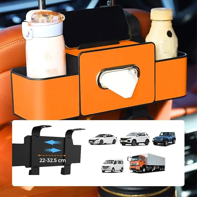 Multifunctional Car Organizers and Storage Box, 2026 New Backseat Car Organizer with Cup Holder, Tissue Box, Trash Bin & Hooks for Hold Phones, Snacks, Drinks, Handbags (Orange)
