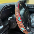 Western Steering Wheel Cover 14.5–15" – Retro Tooled Leather Pattern, Universal Anti-Slip Car Accessories for Trucks SUVs Cars, Boho Cowgirl/Cowboy Gift (C)