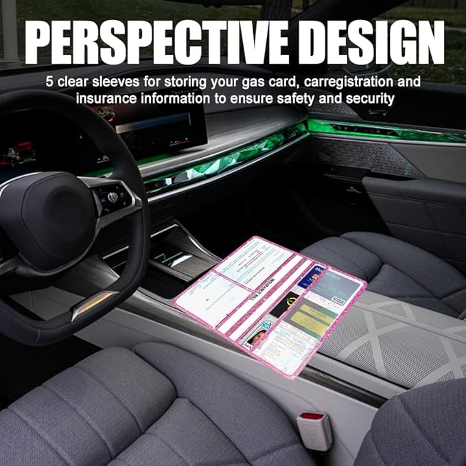 Vehicle Glove Box Car Organizer, Car Registration and Insurance Holder, Insurance Card Holder for Cars, Leather Card Holder Interior Auto Accessories for Women (Glitter-Red)