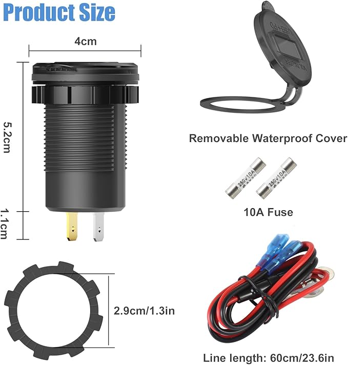12 Volt USB Outlet Dual Quick Charge 3.0 Port and PD3.0 USB C Car Battery Chargers Socket, Waterproof 12V Power Outlet Cigarette Lighter Replacement DIY Kit with Voltmeter and Switch for Boat